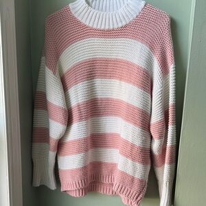 Oversized Striped Crewneck Sweater in Pink and White Small